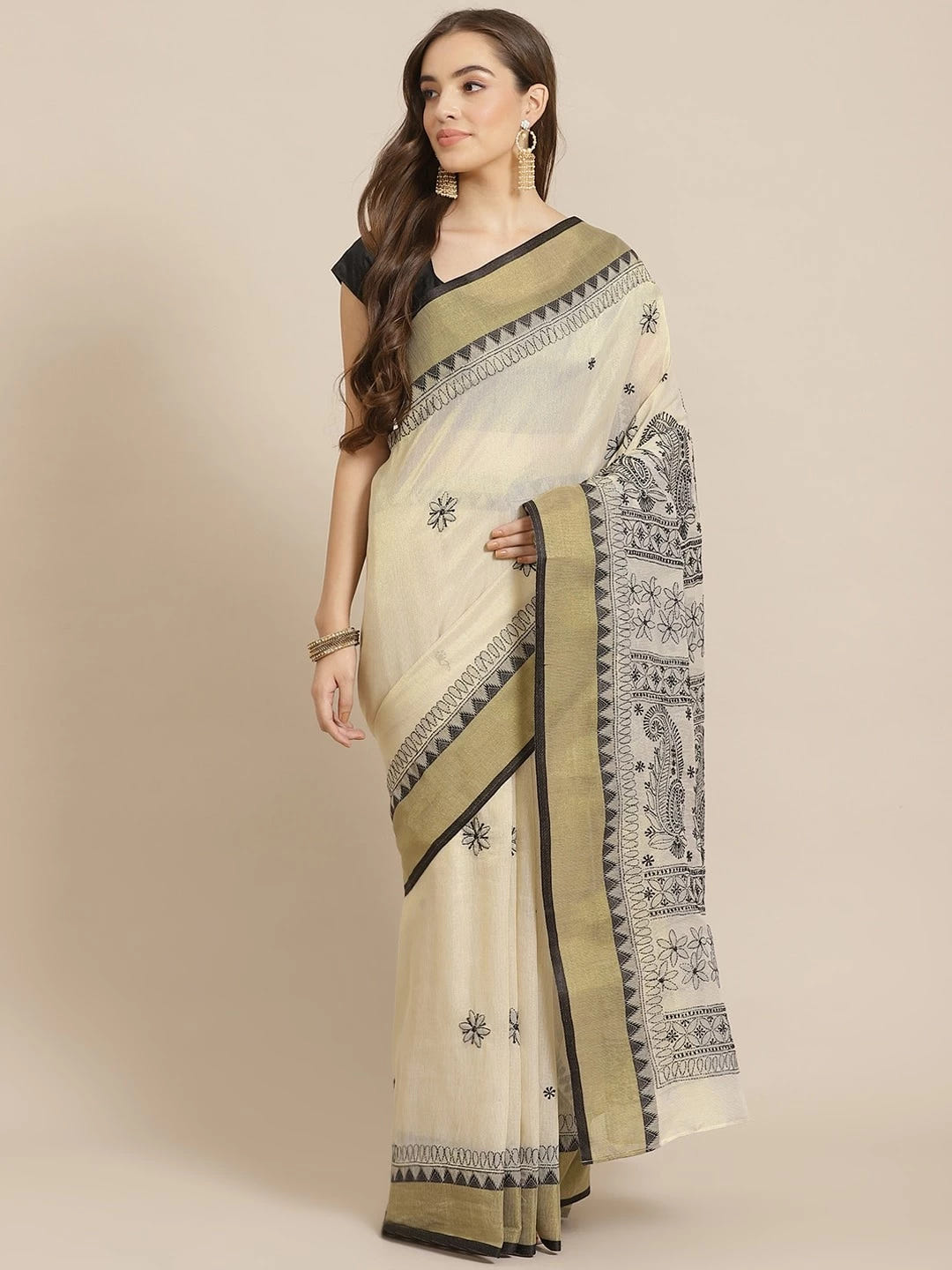 Ada Hand Embroidered Fawn Kota Lucknow Chikankari Saree With Blouse A311258