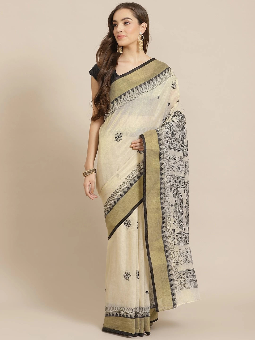 Ada Hand Embroidered Fawn Kota Lucknow Chikankari Saree With Blouse A311258