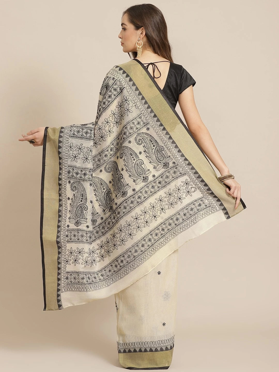 Ada Hand Embroidered Fawn Kota Lucknow Chikankari Saree With Blouse A311258