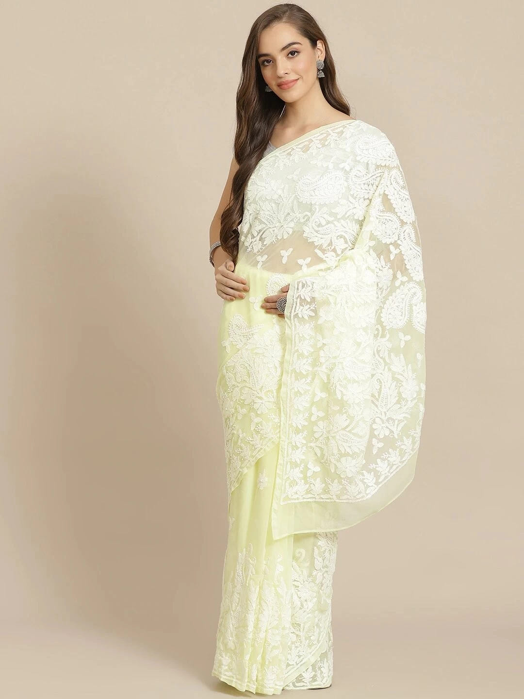 Ada Hand Embroidered Lemon Georgette Lucknow Chikankari Saree With Blouse A311266