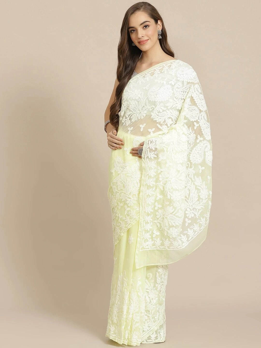 Ada Hand Embroidered Lemon Georgette Lucknow Chikankari Saree With Blouse A311266