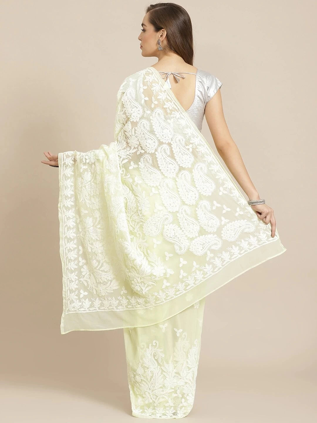 Ada Hand Embroidered Lemon Georgette Lucknow Chikankari Saree With Blouse A311266