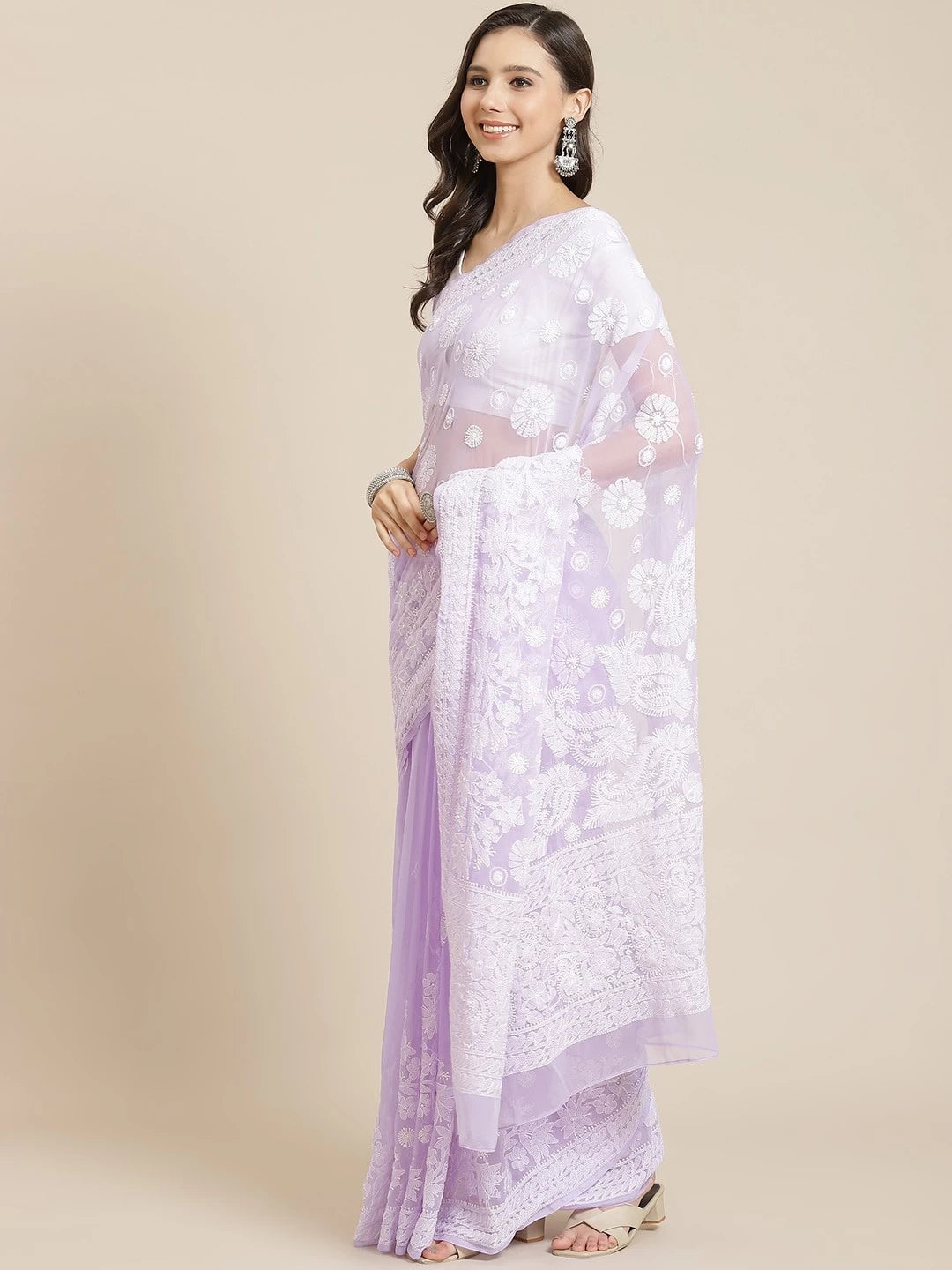 Ada Hand Embroidered Mauve Georgette Lucknowi Chikankari Saree With Blouse A311329