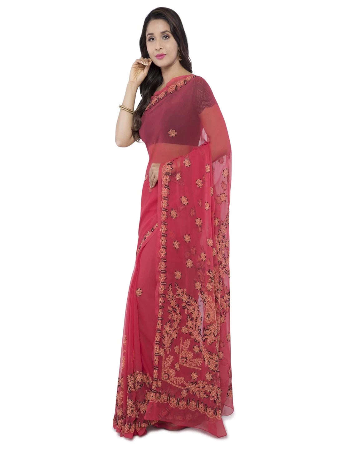 Ada Hand Embroidered Carrot Pink Georgette Lucknow Chikankari Saree With Blouse A452034