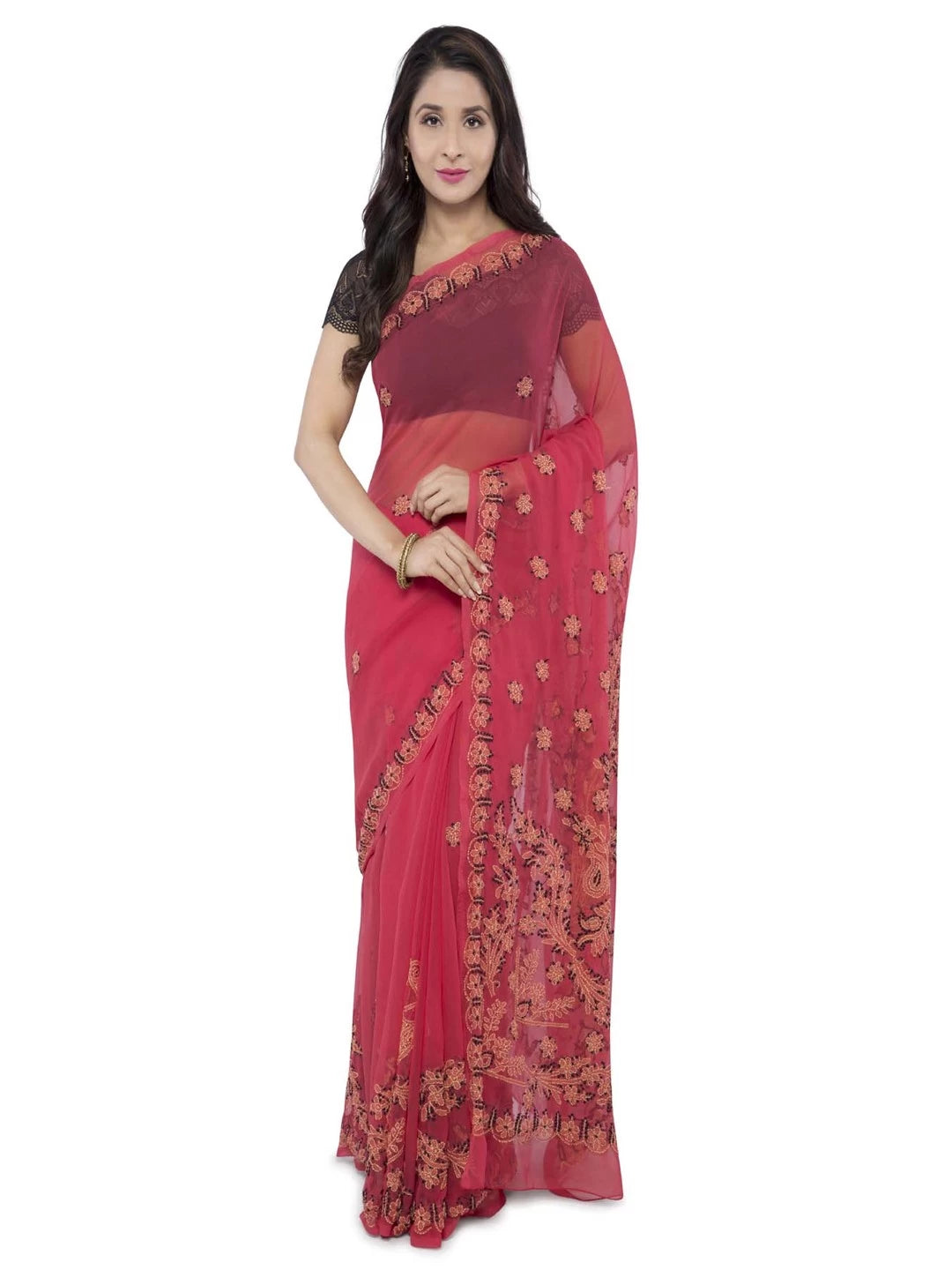 Ada Hand Embroidered Carrot Pink Georgette Lucknow Chikankari Saree With Blouse A452034