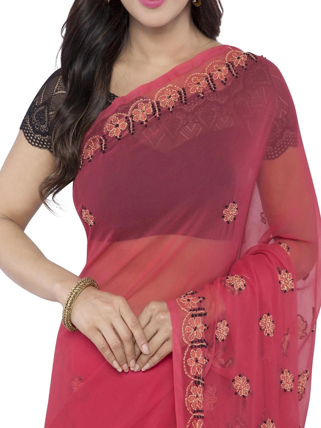 Ada Hand Embroidered Carrot Pink Georgette Lucknow Chikankari Saree With Blouse A452034