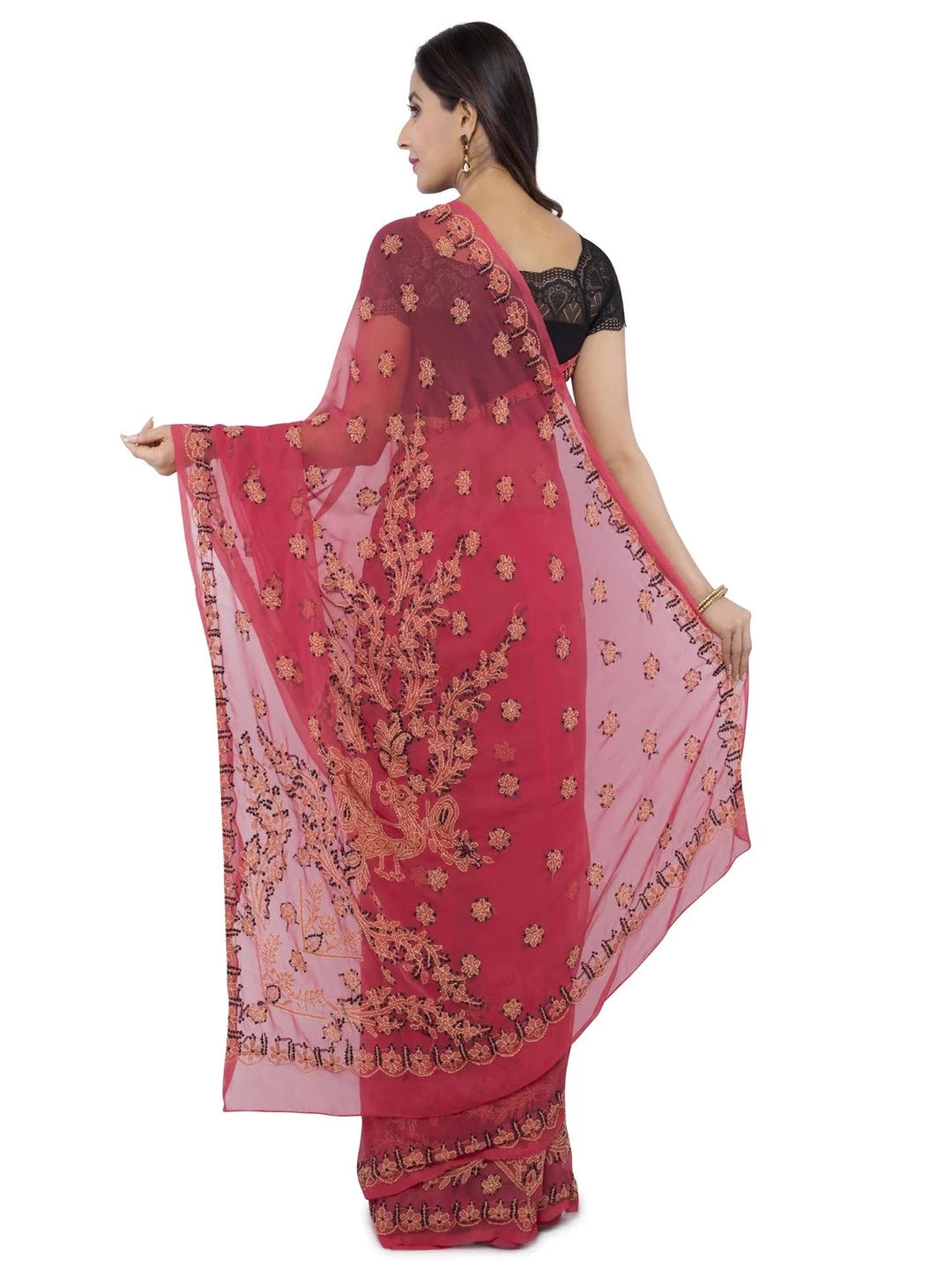 Ada Hand Embroidered Carrot Pink Georgette Lucknow Chikankari Saree With Blouse A452034