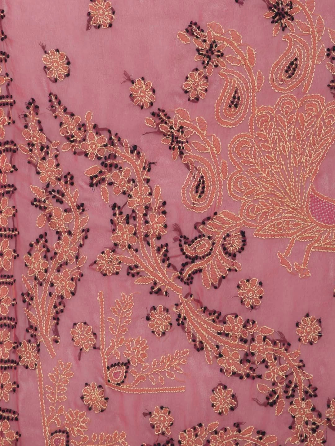 Ada Hand Embroidered Carrot Pink Georgette Lucknow Chikankari Saree With Blouse A452034