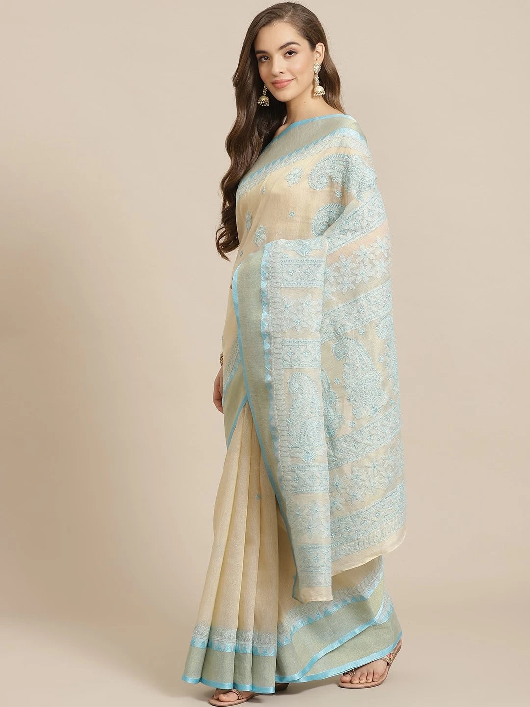 Ada Hand Embroidered Fawn Kota Lucknow Chikankari Saree With Blouse A311242