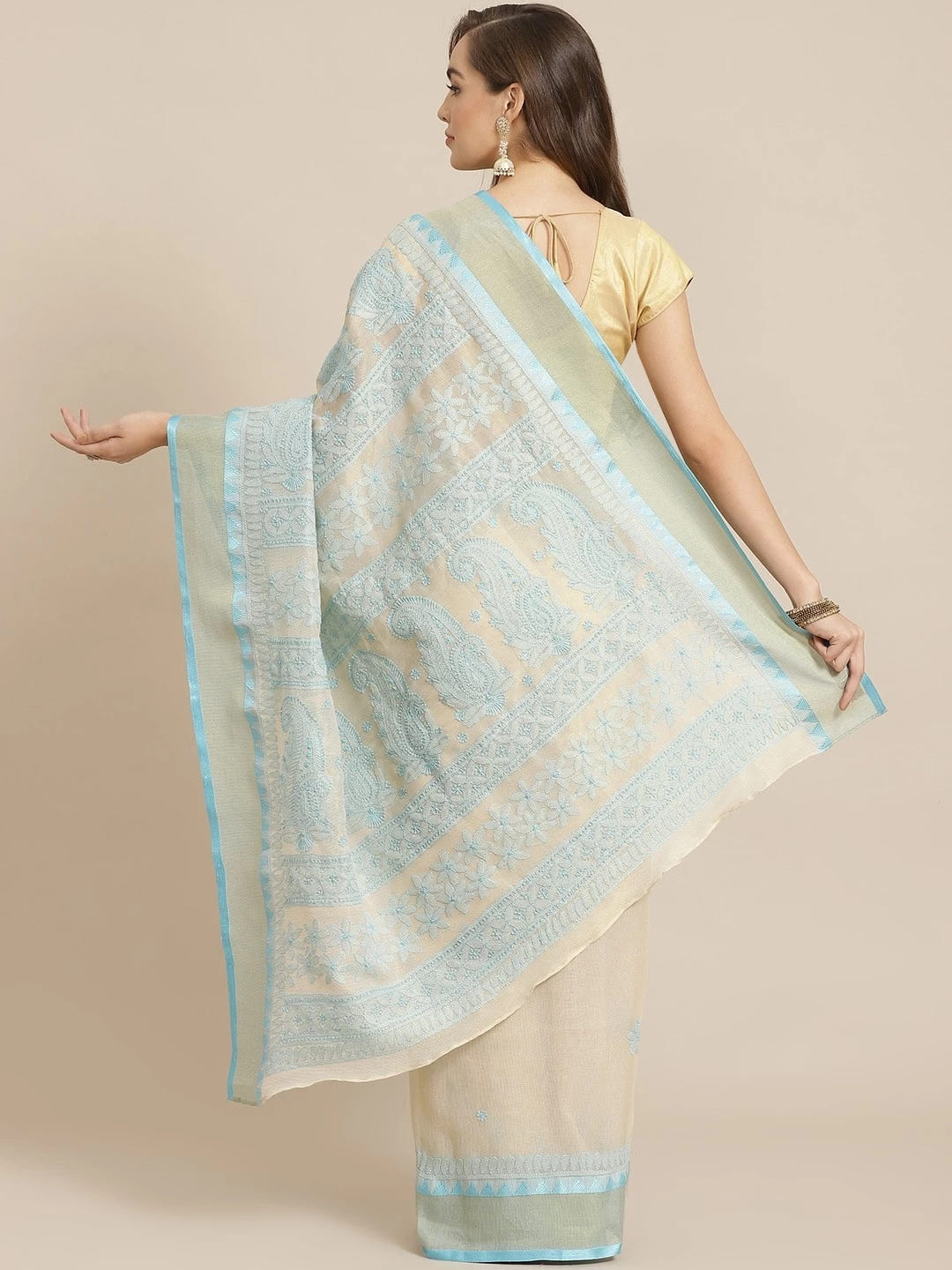 Ada Hand Embroidered Fawn Kota Lucknow Chikankari Saree With Blouse A311242