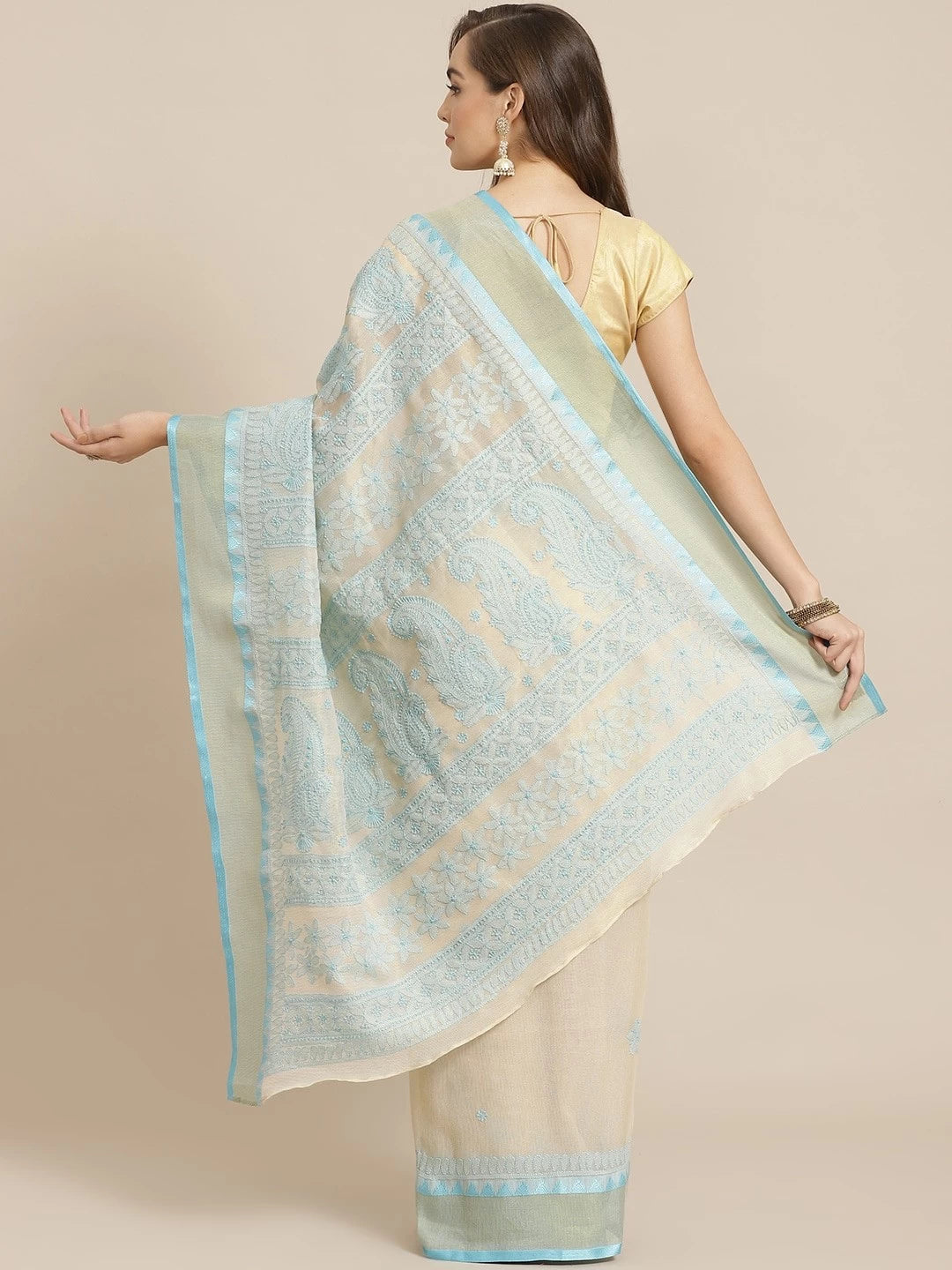 Ada Hand Embroidered Fawn Kota Lucknow Chikankari Saree With Blouse A311242