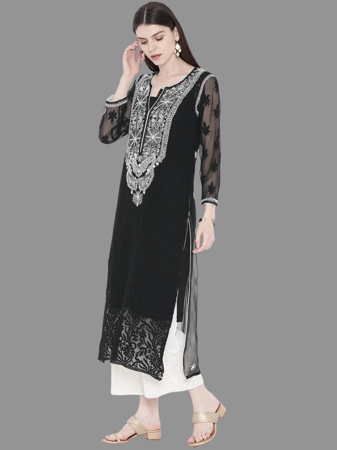 Ada Hand Embroidered Black Georgette Lucknowi Chikankari Straight Kurta With Slip A217613