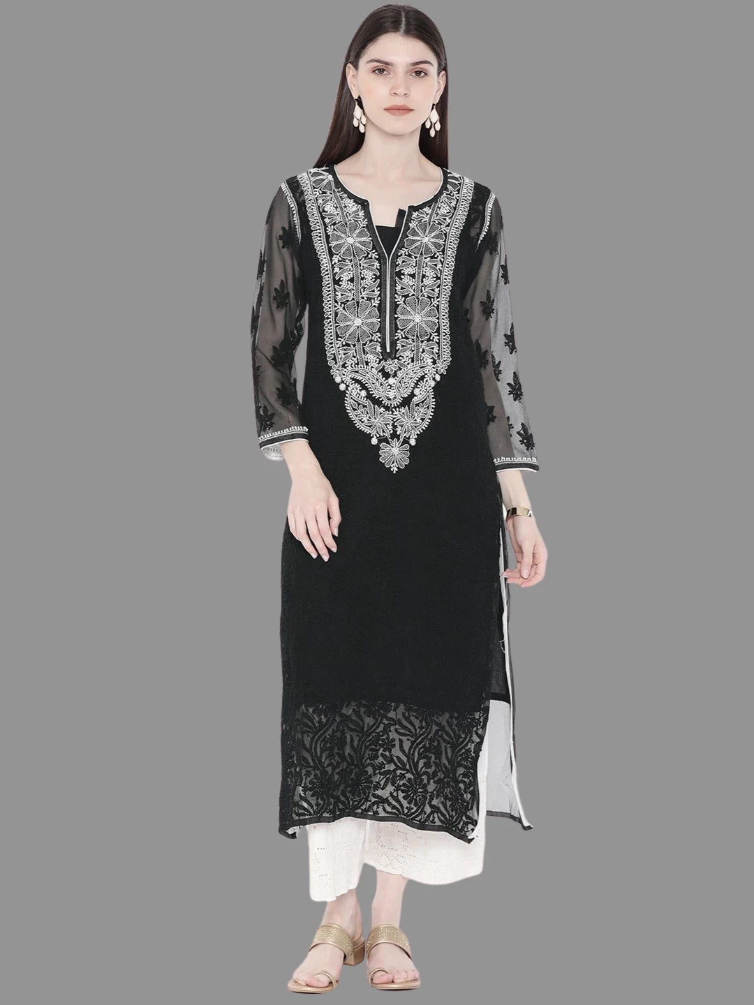Ada Hand Embroidered Black Georgette Lucknowi Chikankari Straight Kurta With Slip A217613