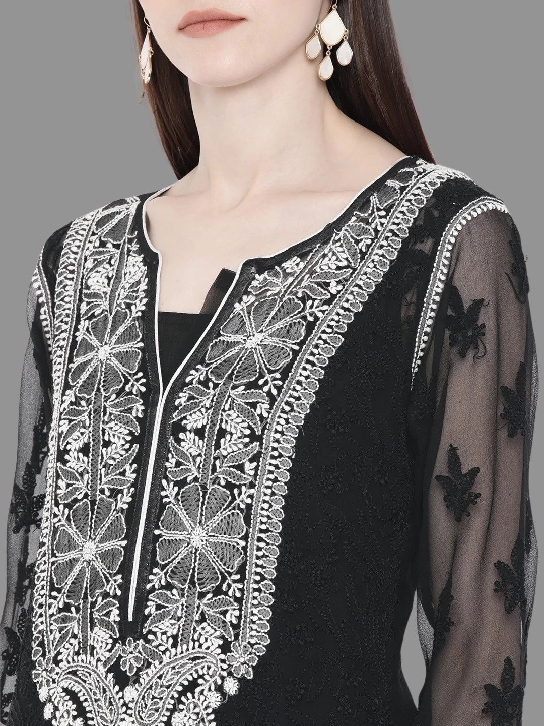 Ada Hand Embroidered Black Georgette Lucknowi Chikankari Straight Kurta With Slip A217613