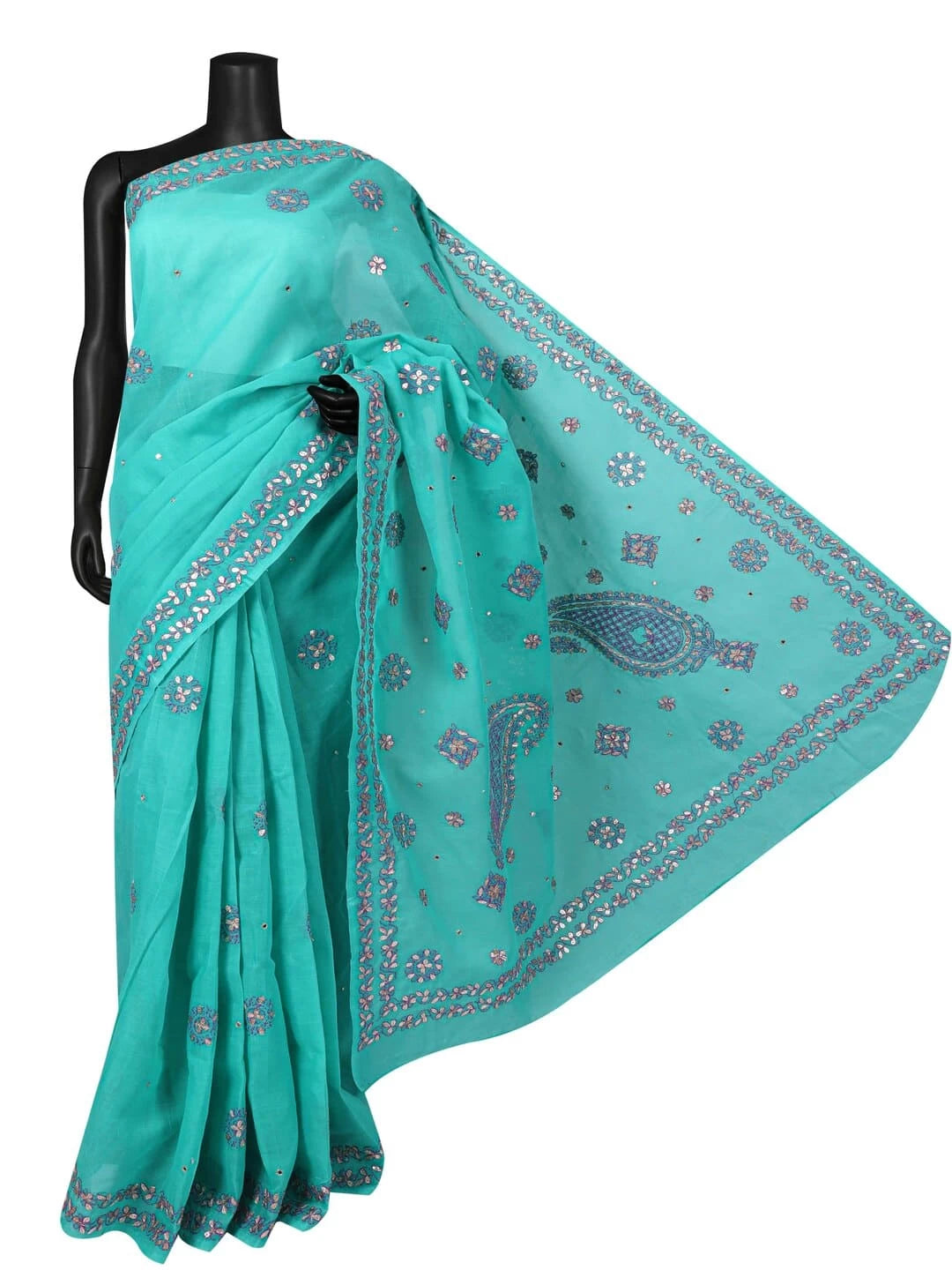 Ada Hand Embroidered Green Cotton Lucknowi Chikankari Saree/Blouse With Gota Patti Work 01A48510