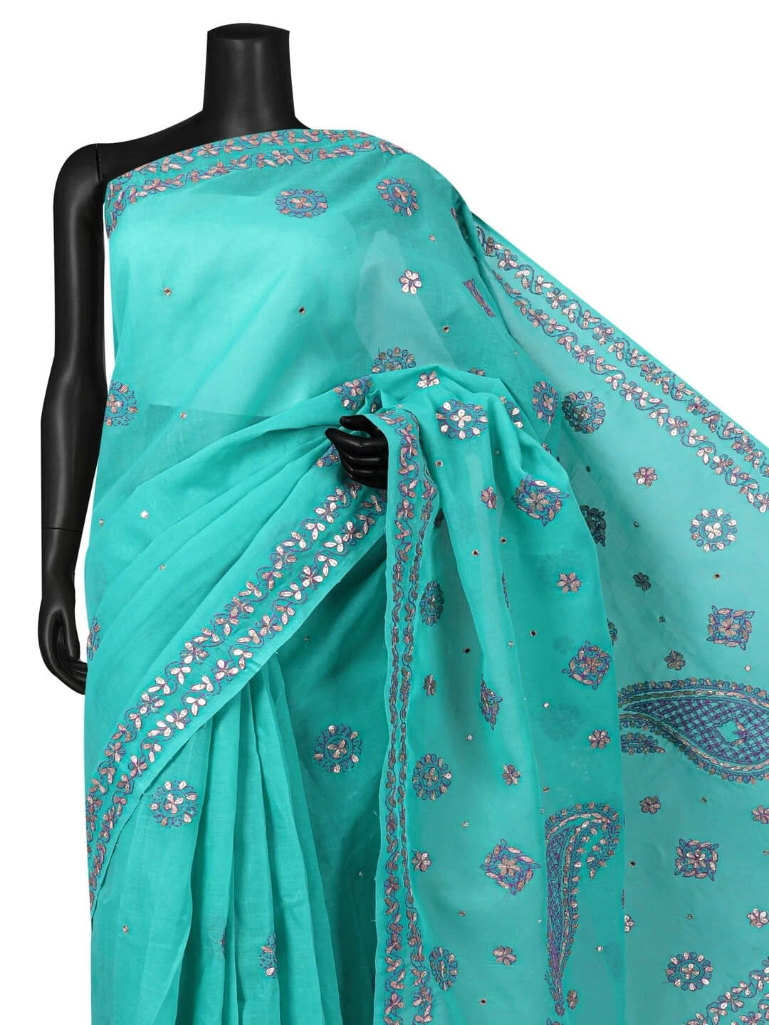 Ada Hand Embroidered Green Cotton Lucknowi Chikankari Saree/Blouse With Gota Patti Work 01A48510