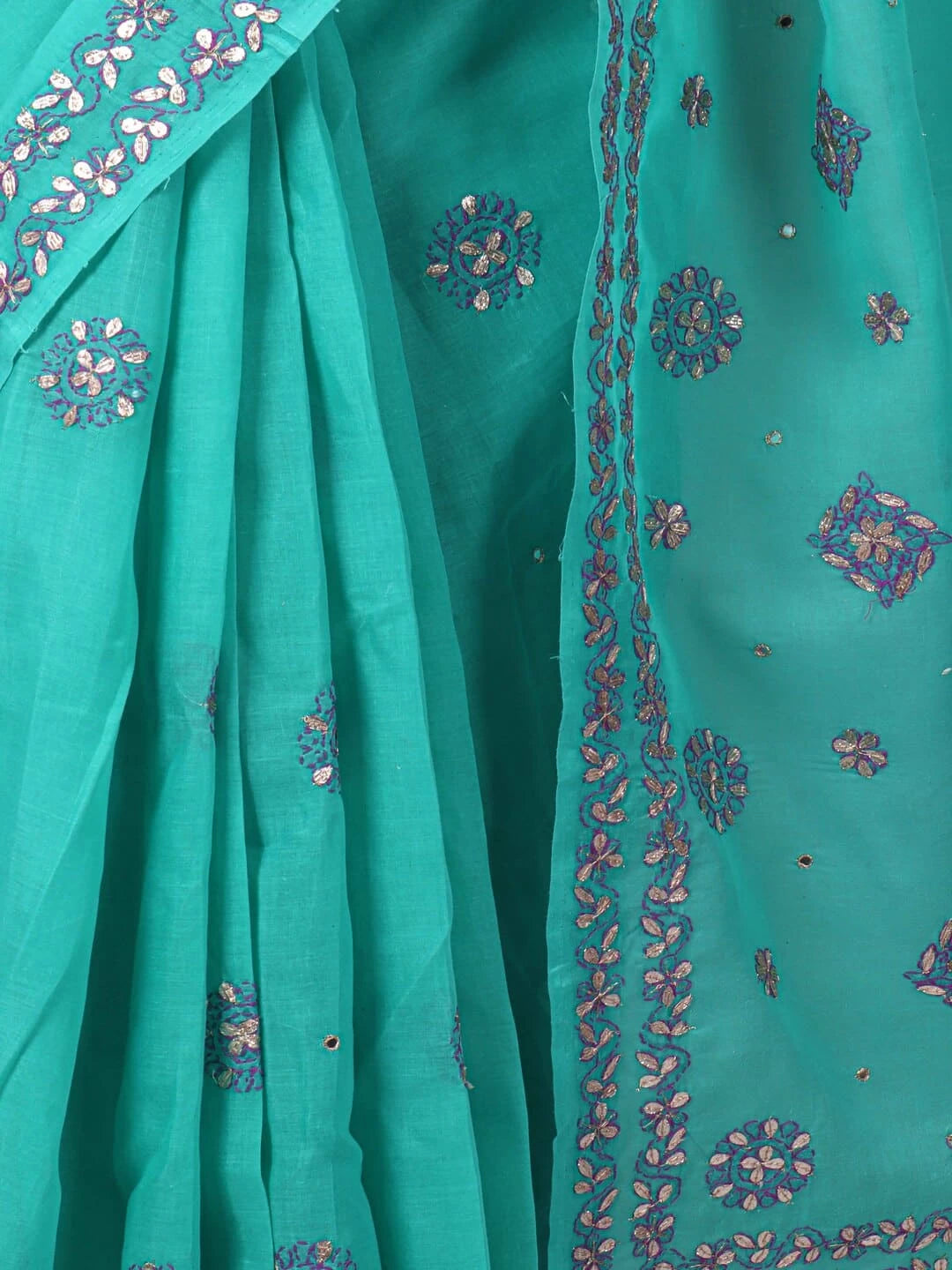 Ada Hand Embroidered Green Cotton Lucknowi Chikankari Saree/Blouse With Gota Patti Work 01A48510