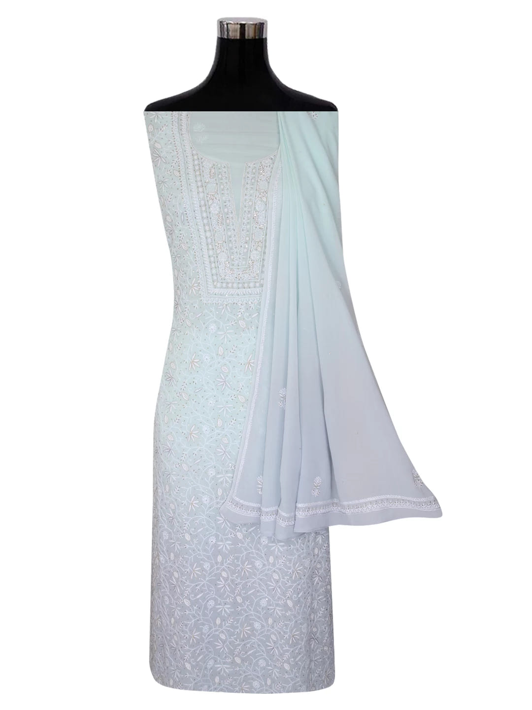 Ada Hand Embroidered Ice Blue Pure Georgette Lucknowi Chikankari Unstitched Kurta Dupatta Set With Cutdana Work 01A318097