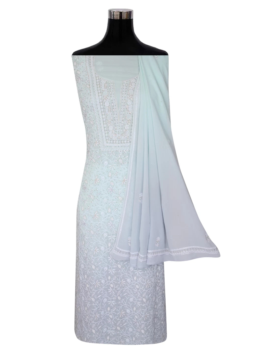 Ada Hand Embroidered Ice Blue Pure Georgette Lucknowi Chikankari Unstitched Kurta Dupatta Set With Cutdana Work 01A318097