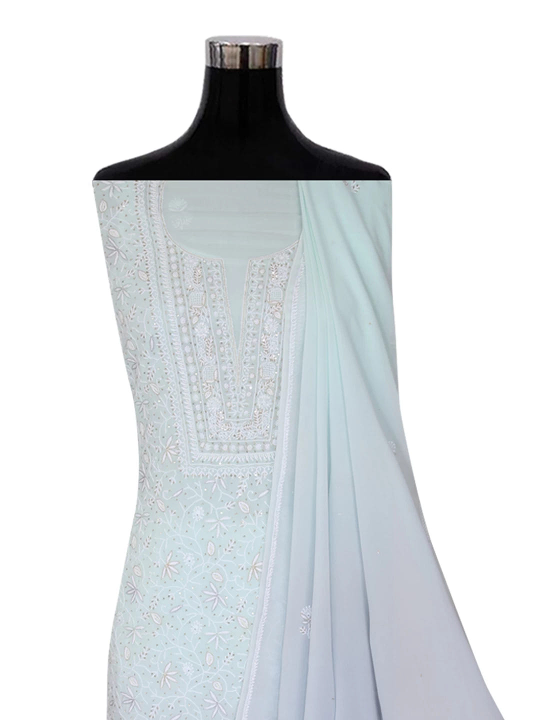 Ada Hand Embroidered Ice Blue Pure Georgette Lucknowi Chikankari Unstitched Kurta Dupatta Set With Cutdana Work 01A318097
