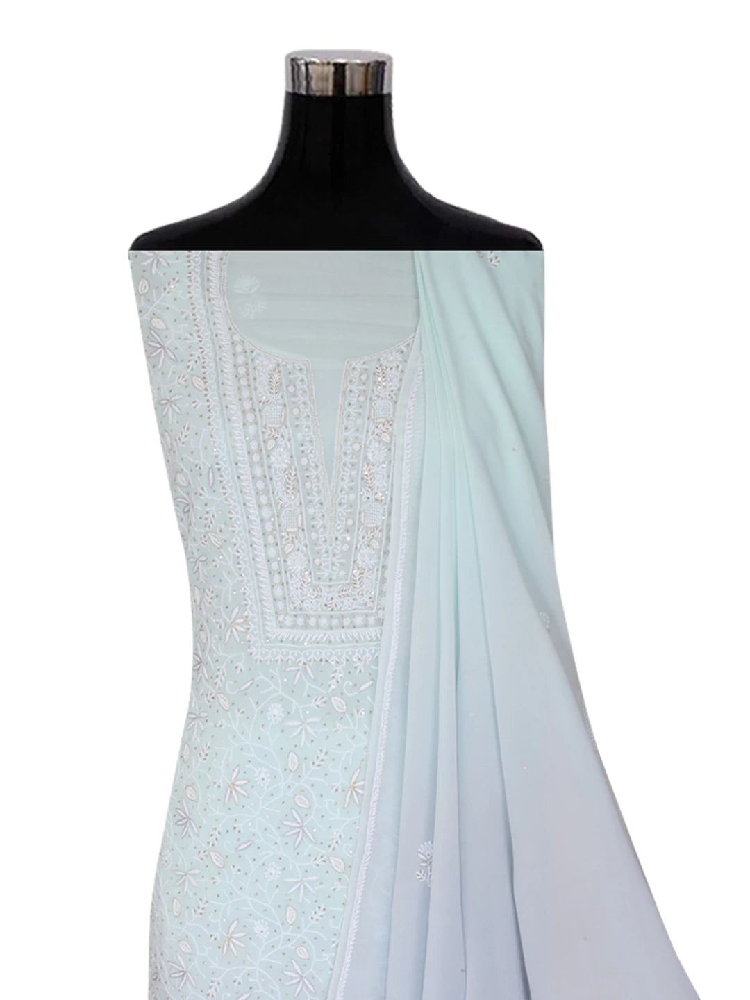 Ada Hand Embroidered Ice Blue Pure Georgette Lucknowi Chikankari Unstitched Kurta Dupatta Set With Cutdana Work 01A318097
