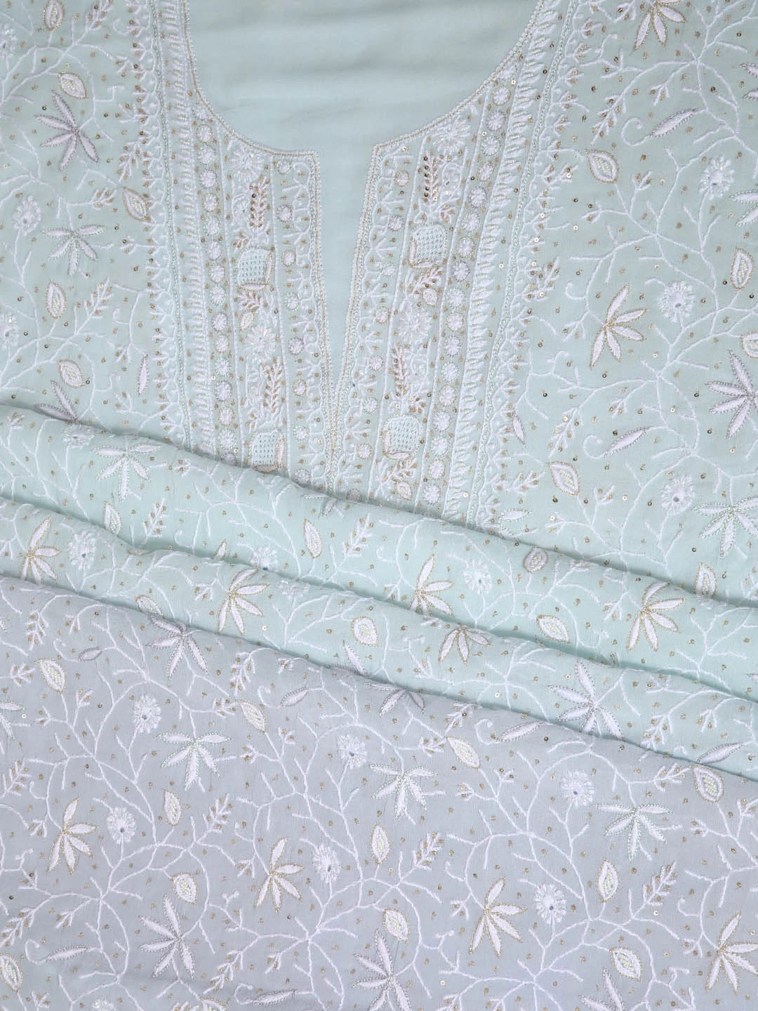 Ada Hand Embroidered Ice Blue Pure Georgette Lucknowi Chikankari Unstitched Kurta Dupatta Set With Cutdana Work 01A318097