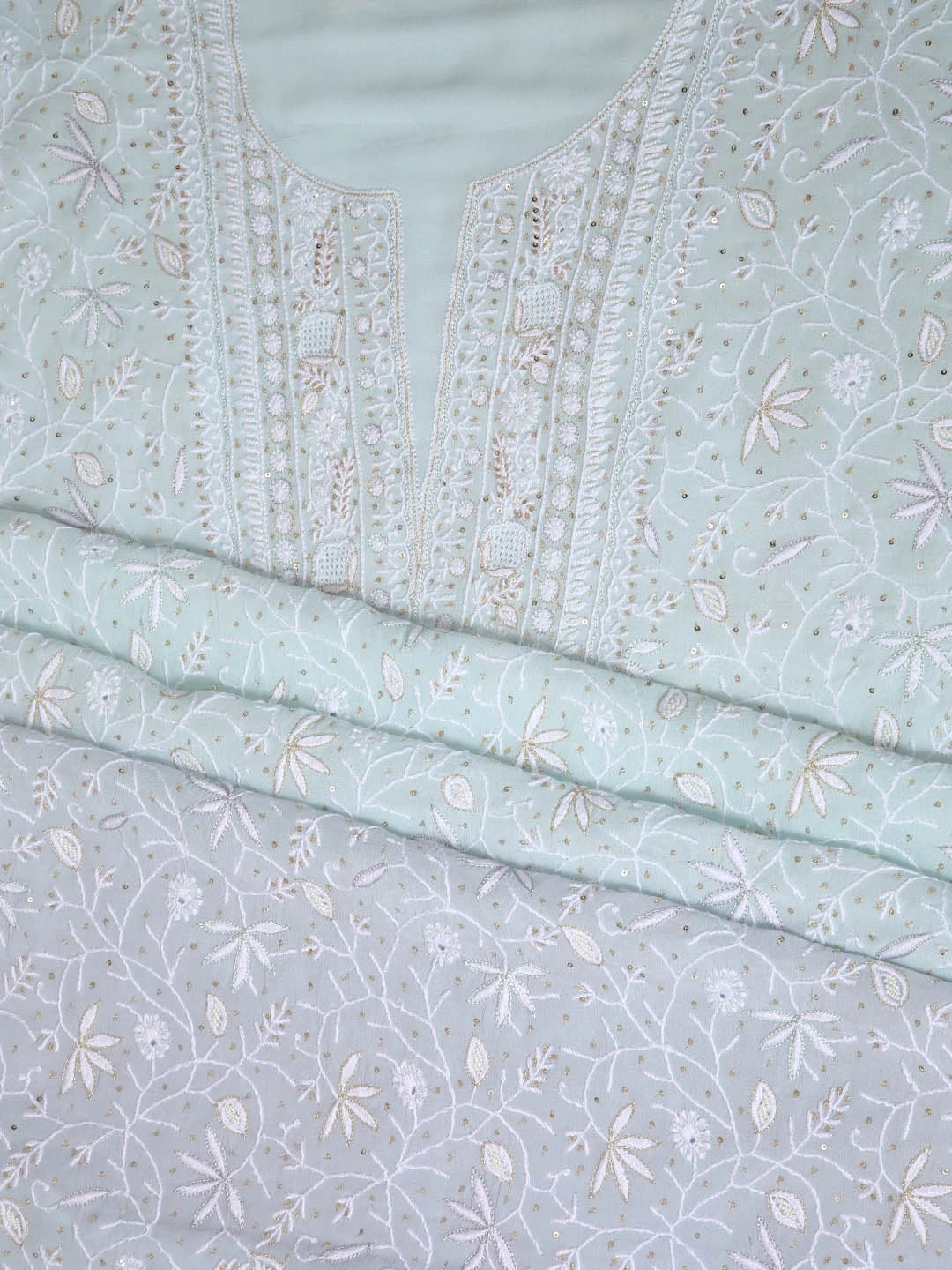 Ada Hand Embroidered Ice Blue Pure Georgette Lucknowi Chikankari Unstitched Kurta Dupatta Set With Cutdana Work 01A318097