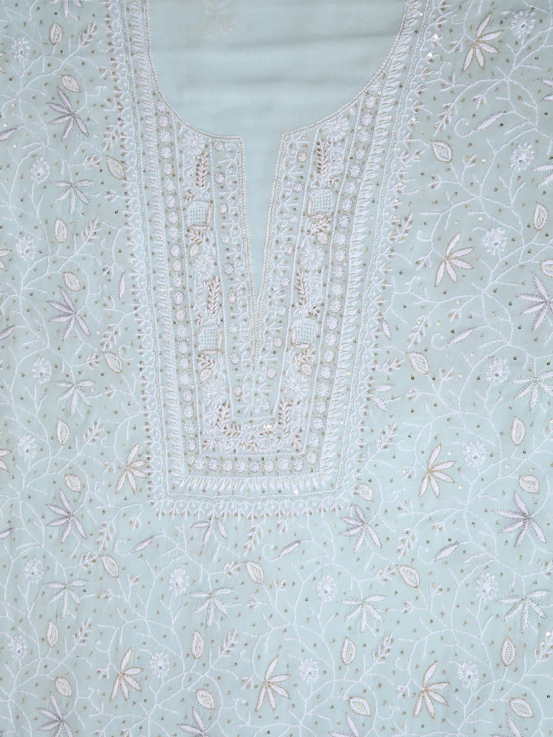 Ada Hand Embroidered Ice Blue Pure Georgette Lucknowi Chikankari Unstitched Kurta Dupatta Set With Cutdana Work 01A318097