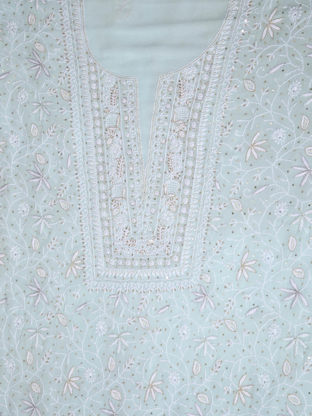 Ada Hand Embroidered Ice Blue Pure Georgette Lucknowi Chikankari Unstitched Kurta Dupatta Set With Cutdana Work 01A318097