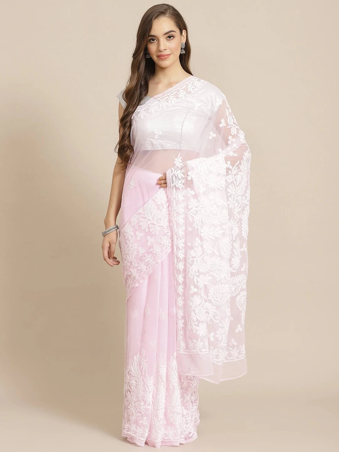 Ada Hand Embroidered Pink Georgette Lucknow Chikankari Saree with Blouse A311269