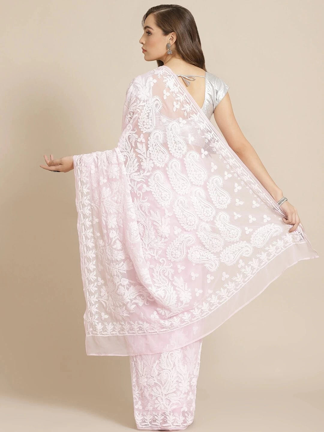 Ada Hand Embroidered Pink Georgette Lucknow Chikankari Saree with Blouse A311269