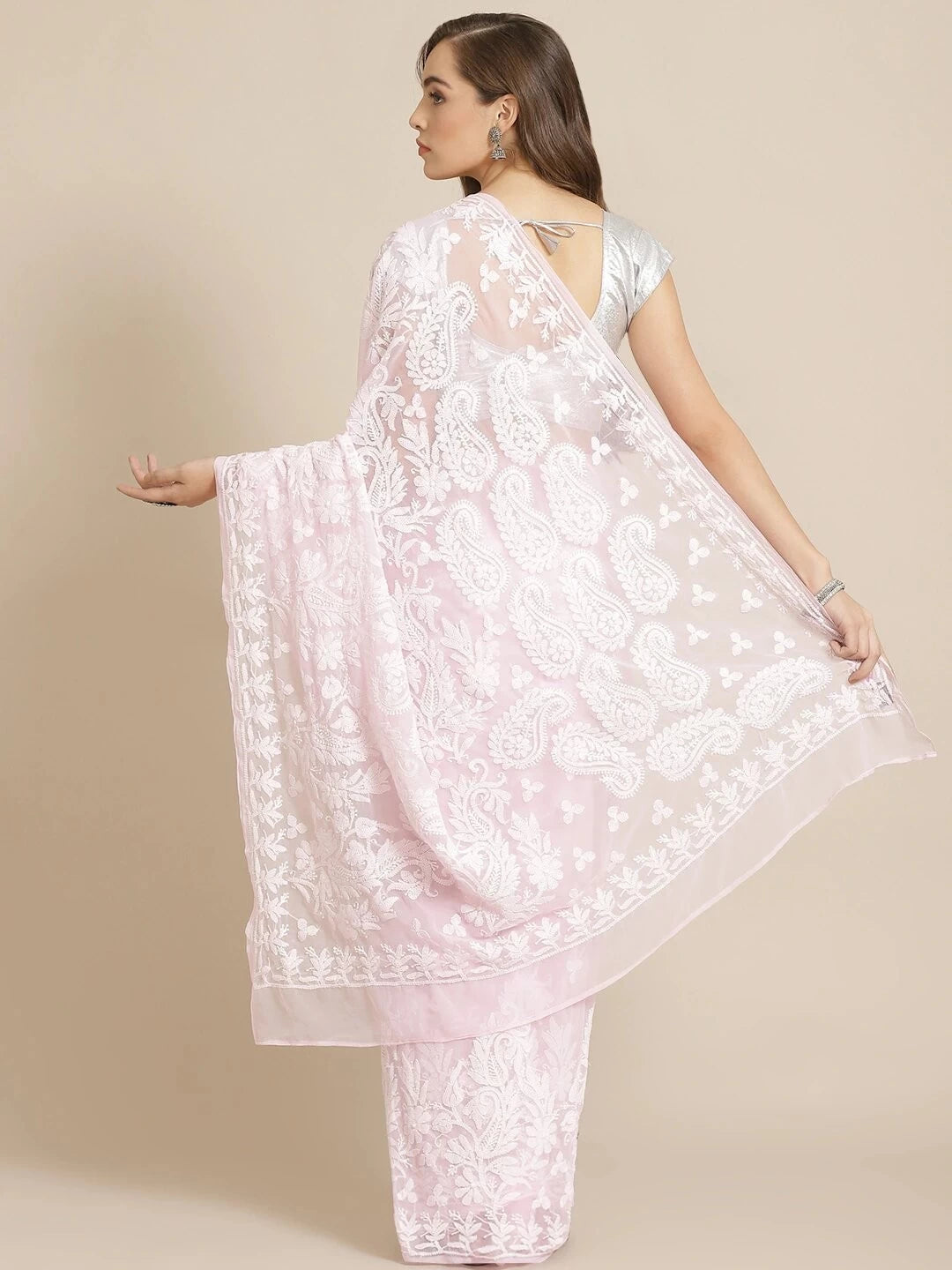 Ada Hand Embroidered Pink Georgette Lucknow Chikankari Saree with Blouse A311269