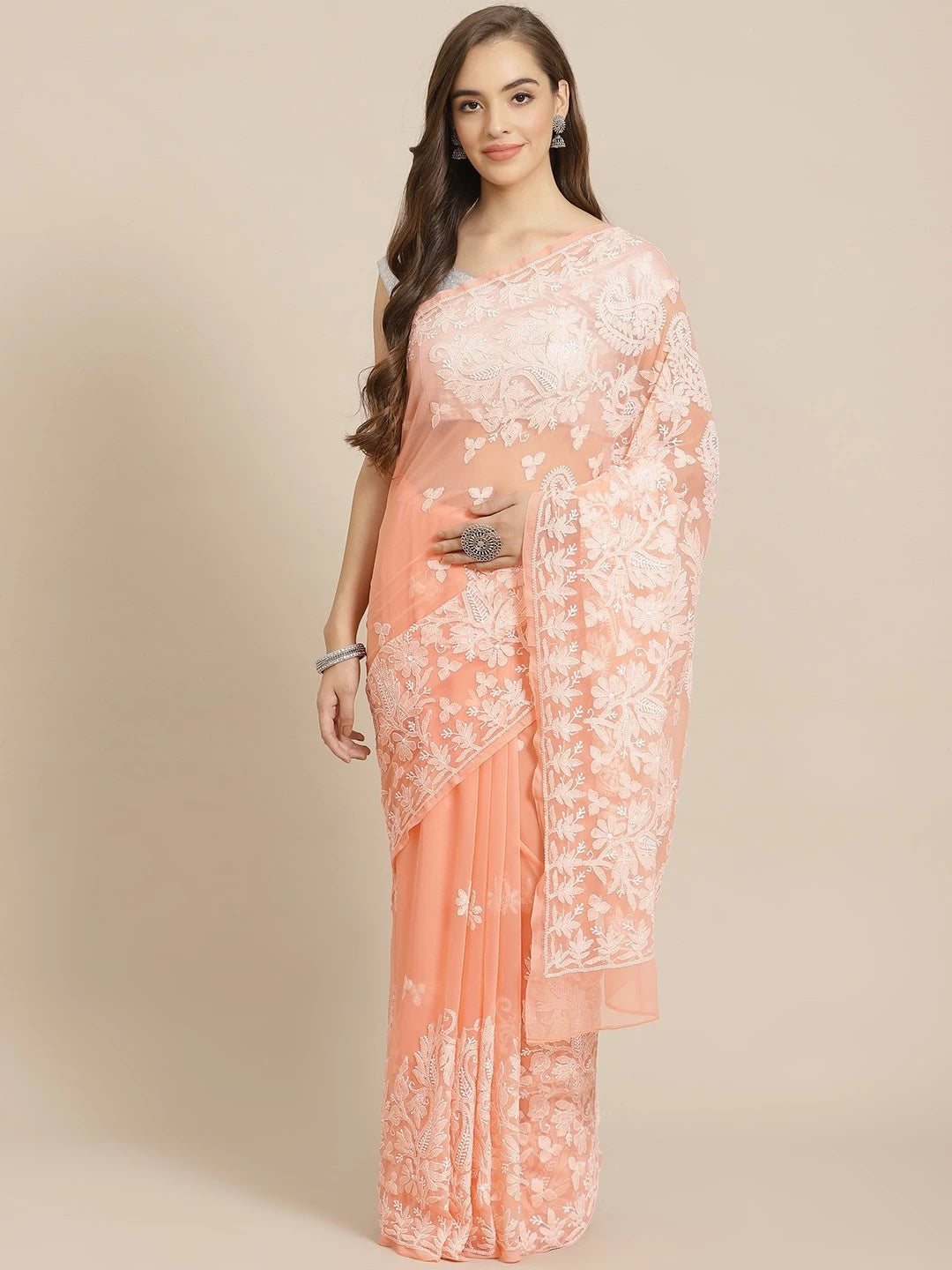Ada Hand Embroidered Peach Georgette Lucknow Chikankari Saree with Blouse A311280
