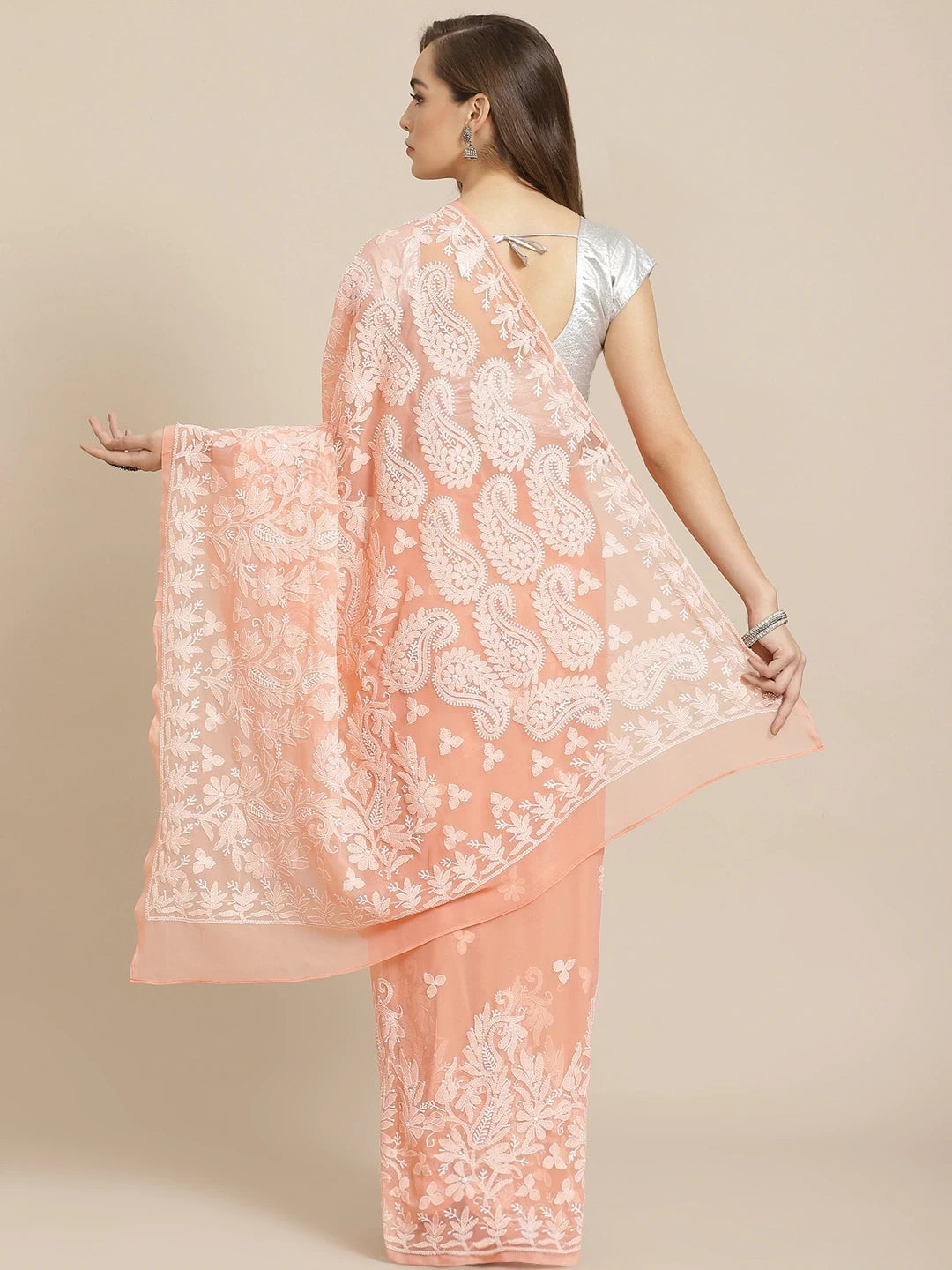 Ada Hand Embroidered Peach Georgette Lucknow Chikankari Saree with Blouse A311280