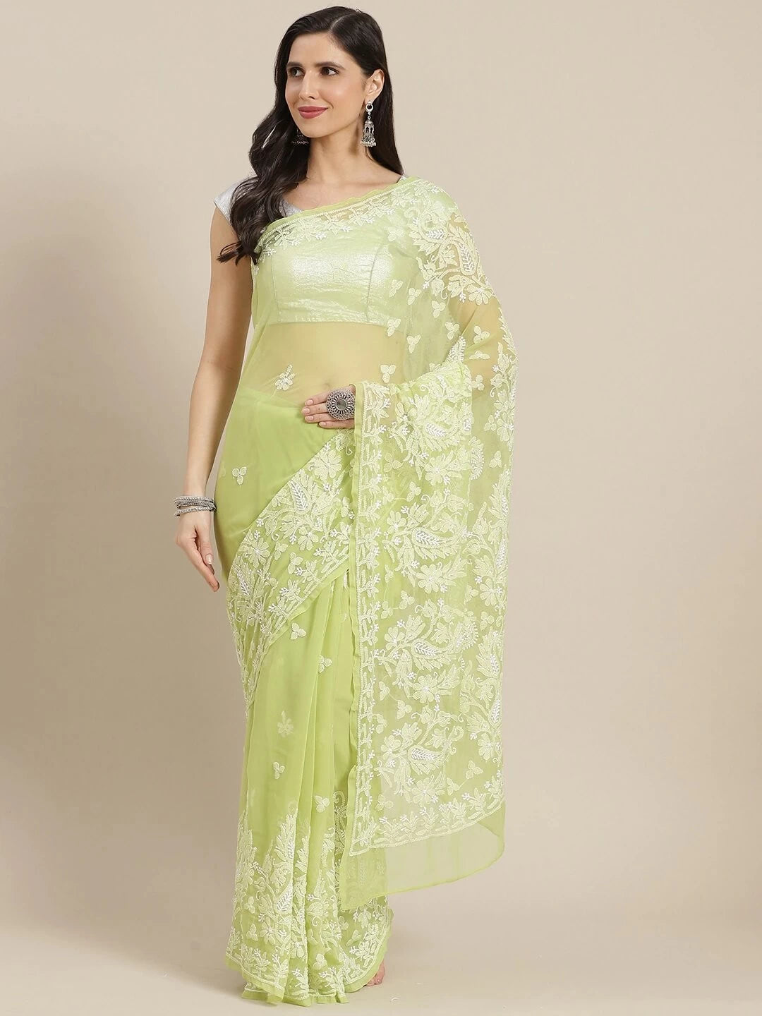 Ada Hand Embroidered Green Georgette Lucknow Chikankari Saree with Blouse A311312