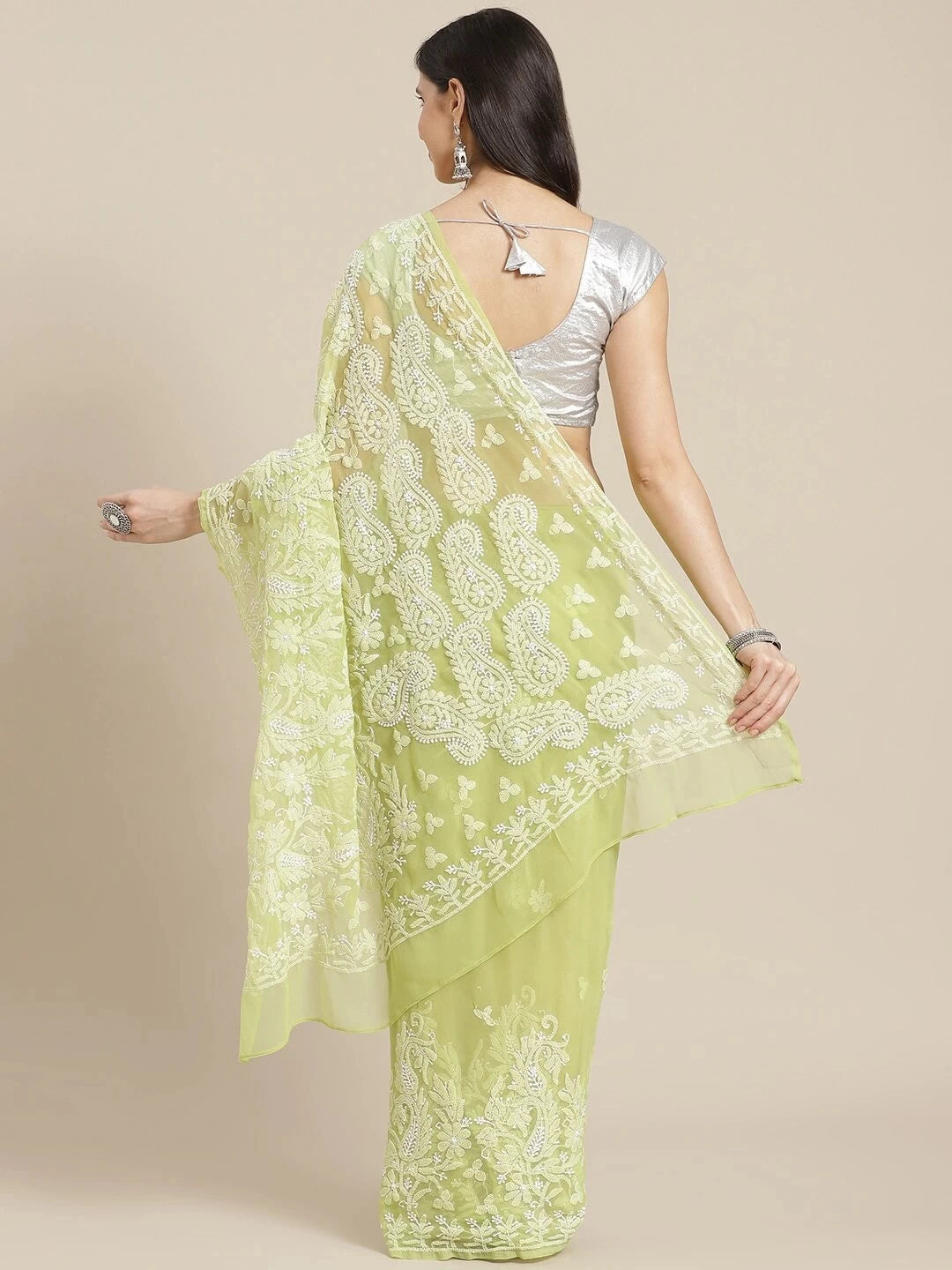 Ada Hand Embroidered Green Georgette Lucknow Chikankari Saree with Blouse A311312