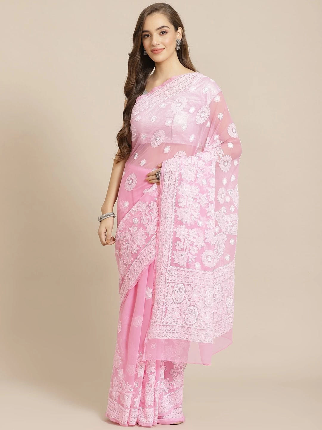 Ada Hand Embroidered Pink Georgette Lucknow Chikankari Saree With Blouse A311273