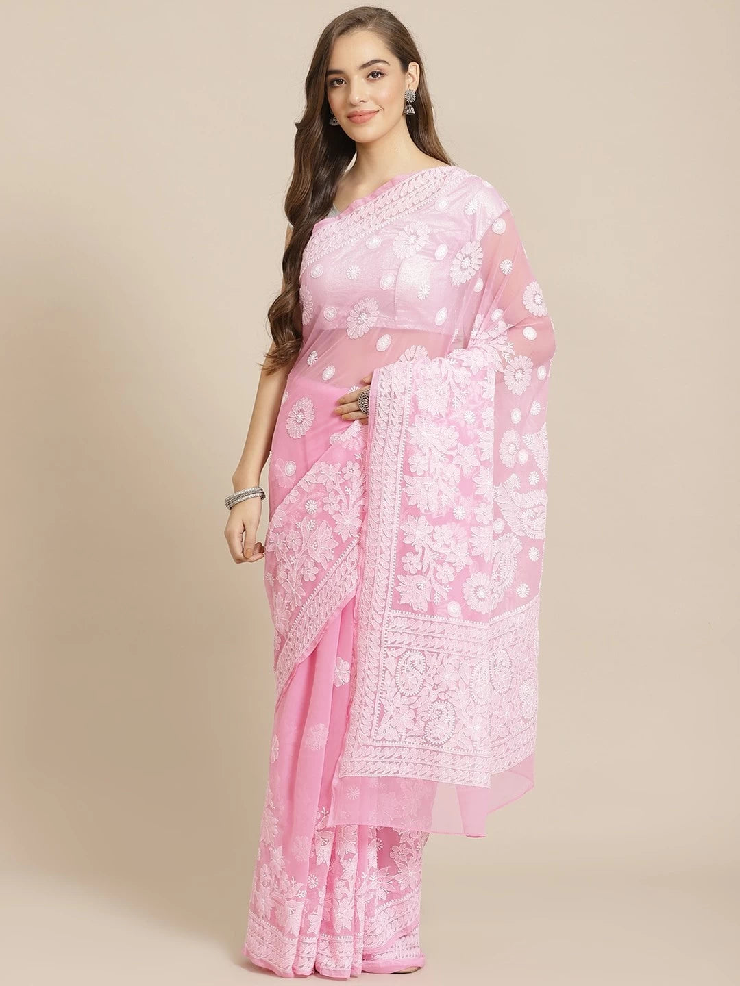 Ada Hand Embroidered Pink Georgette Lucknow Chikankari Saree With Blouse A311273