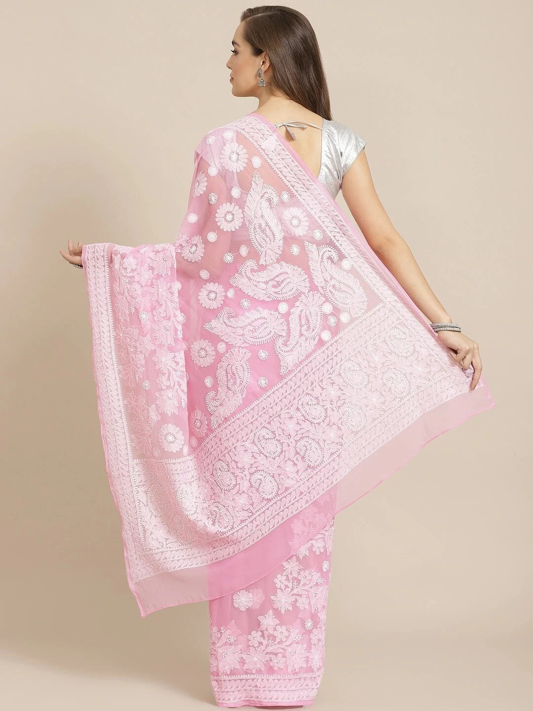 Ada Hand Embroidered Pink Georgette Lucknow Chikankari Saree With Blouse A311273