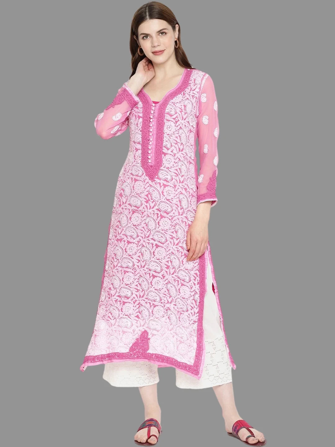 Ada Hand Embroidered Onion Pink Georgette Lucknowi Chikankari Kurta with Slip  A225721