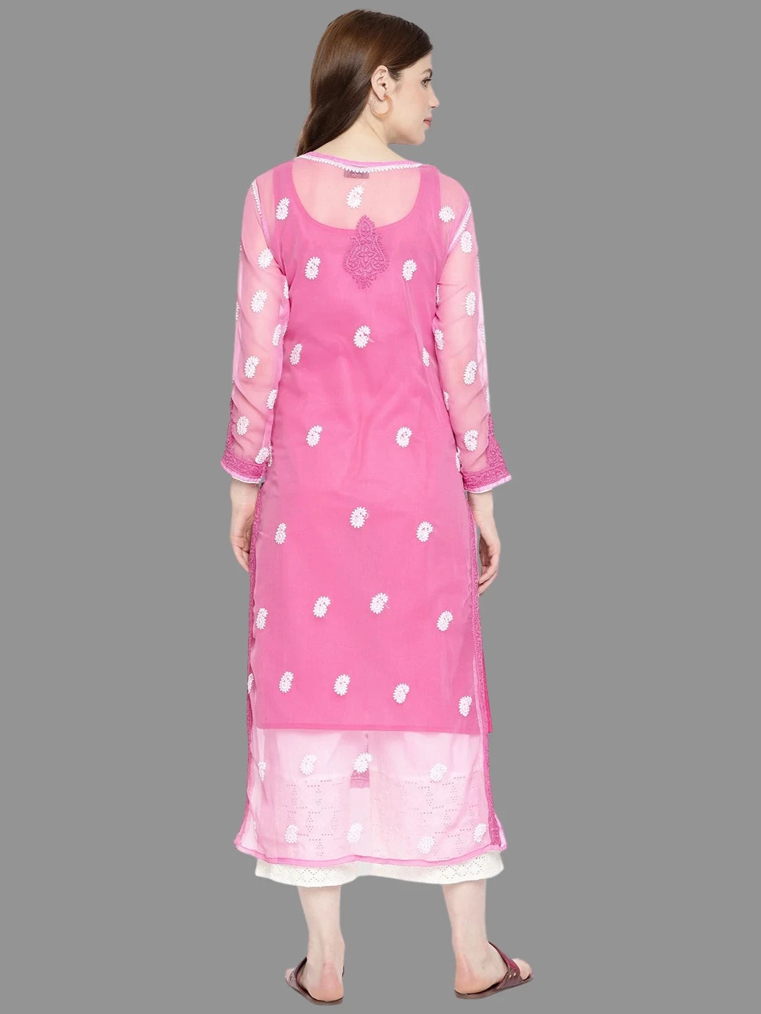 Ada Hand Embroidered Onion Pink Georgette Lucknowi Chikankari Kurta with Slip  A225721