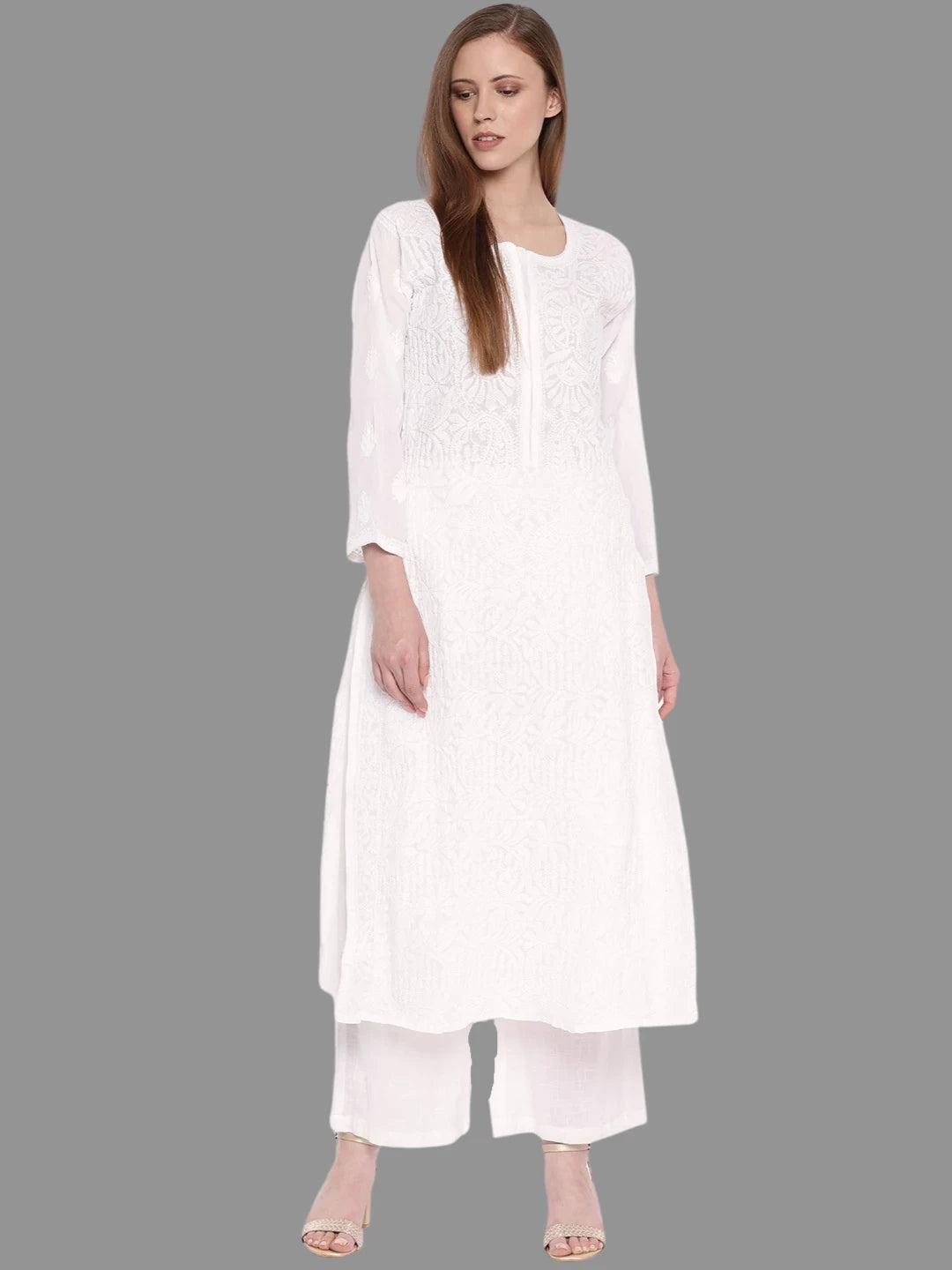 Ada Hand Embroidered White Cotton Lucknowi Chikankari Straight Kurta A230786