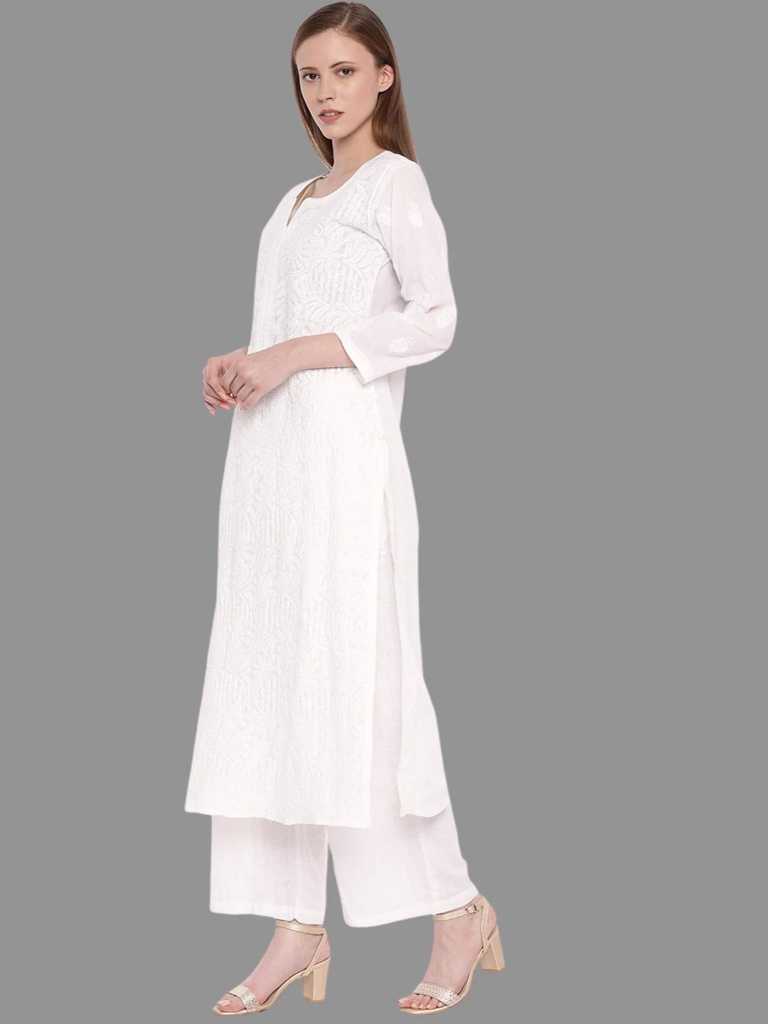 Ada Hand Embroidered White Cotton Lucknowi Chikankari Straight Kurta A230786