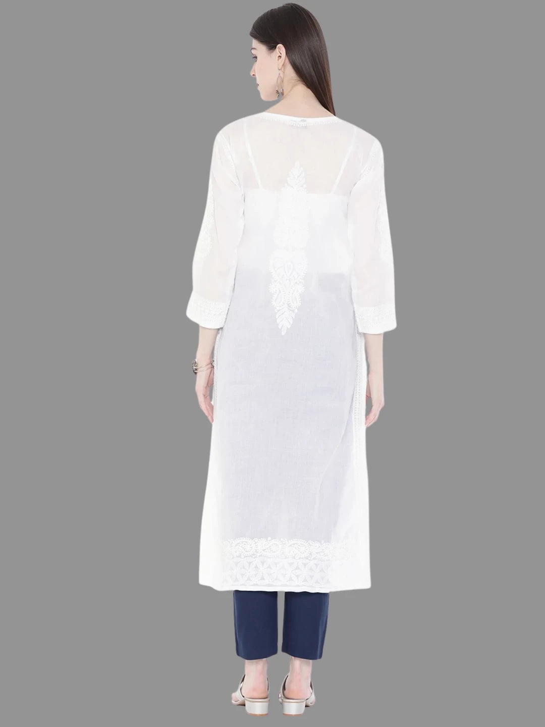 Ada Hand Embroidered White Cotton Lucknowi Chikankari Straight Kurta A237451