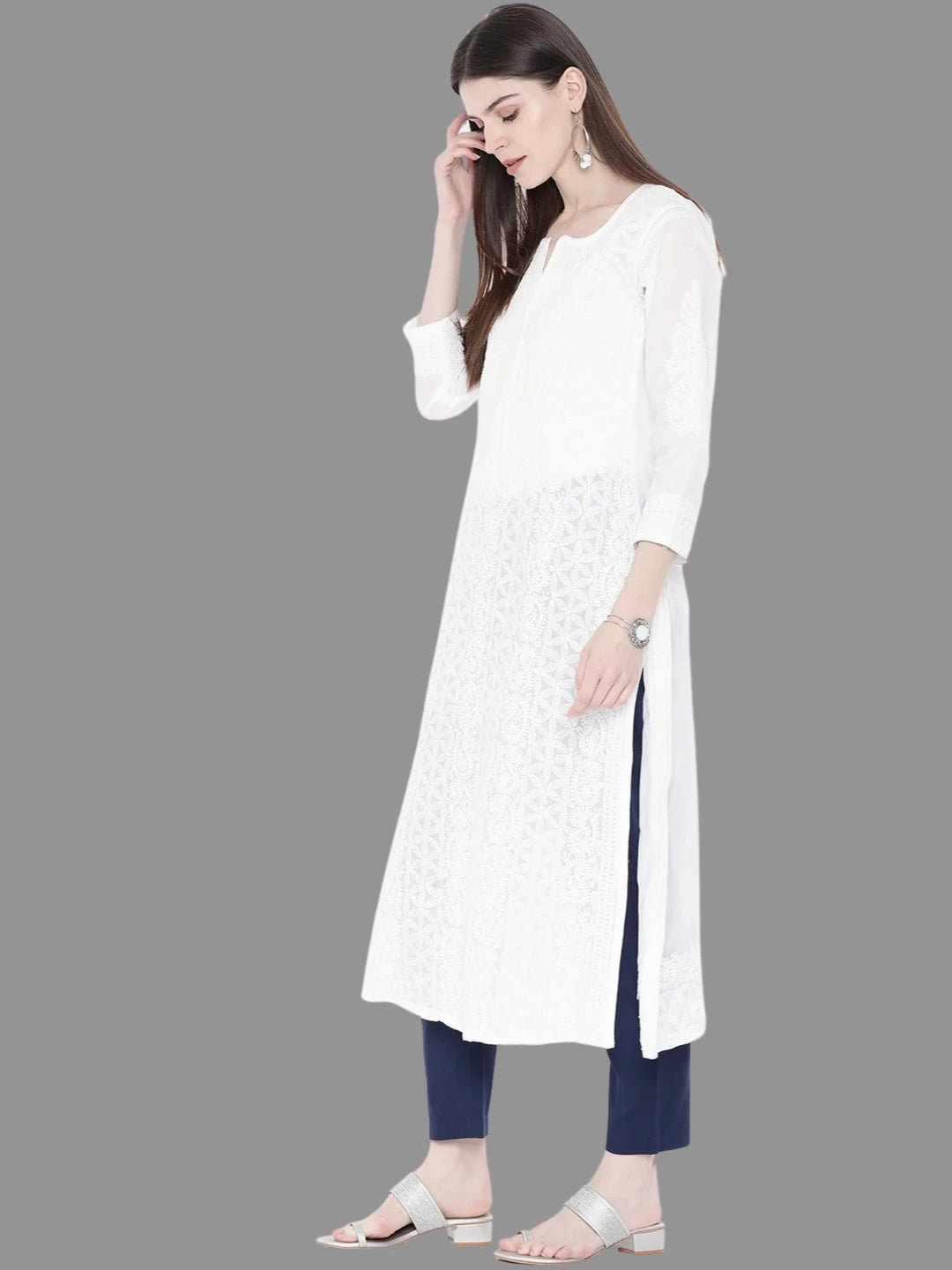 Ada Hand Embroidered White Cotton Lucknowi Chikankari Straight Kurta A237451