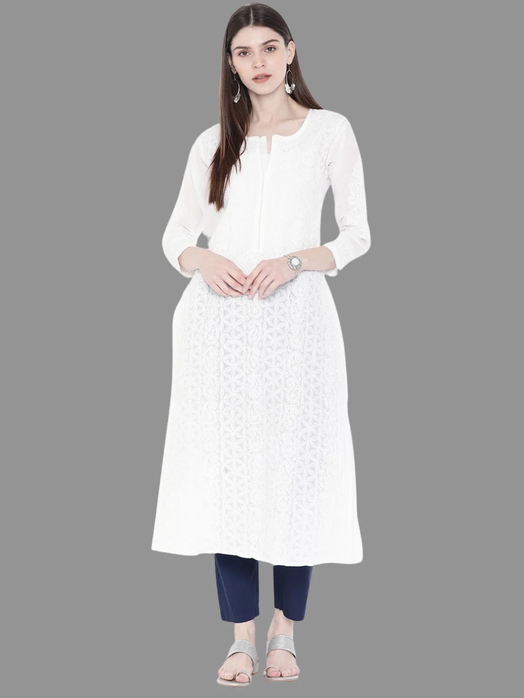 Ada Hand Embroidered White Cotton Lucknowi Chikankari Straight Kurta A237451