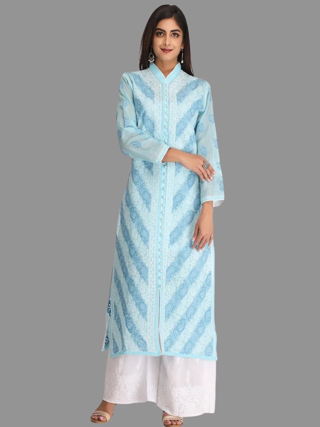 Ada Hand Embroidered Blue Cotton Lucknowi Chikankari Straight Kurta  A239014