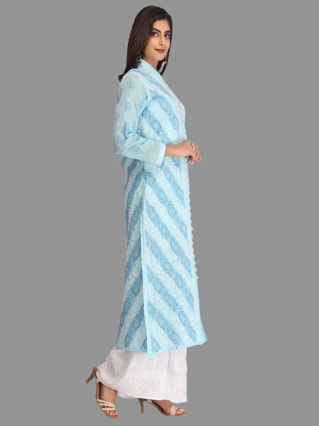 Ada Hand Embroidered Blue Cotton Lucknowi Chikankari Straight Kurta  A239014
