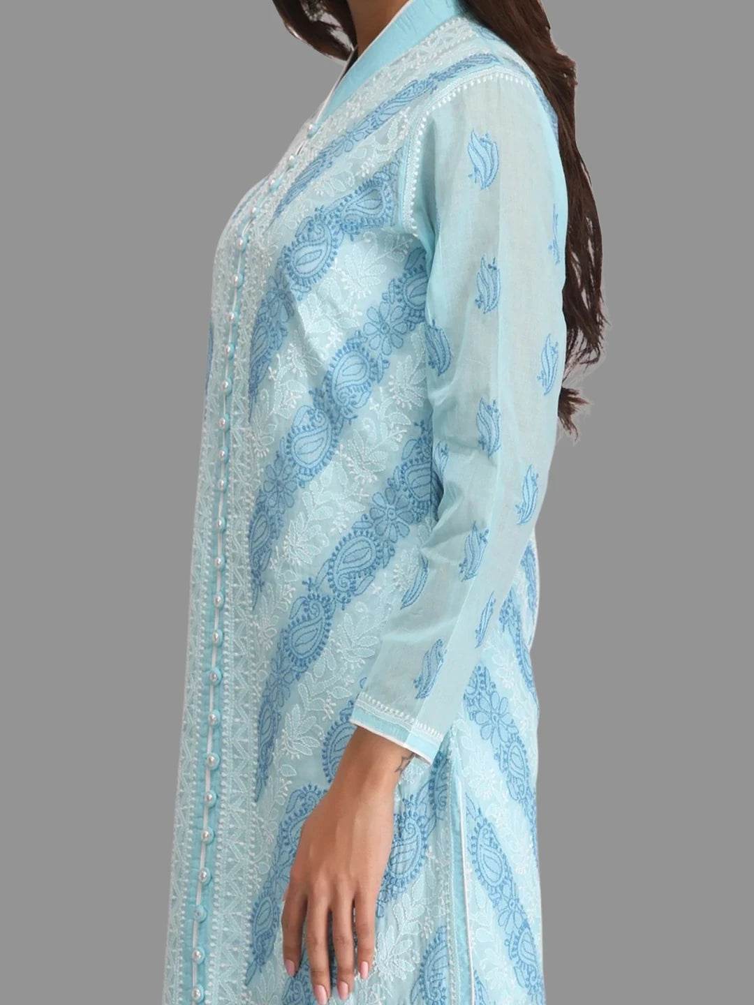 Ada Hand Embroidered Blue Cotton Lucknowi Chikankari Straight Kurta  A239014