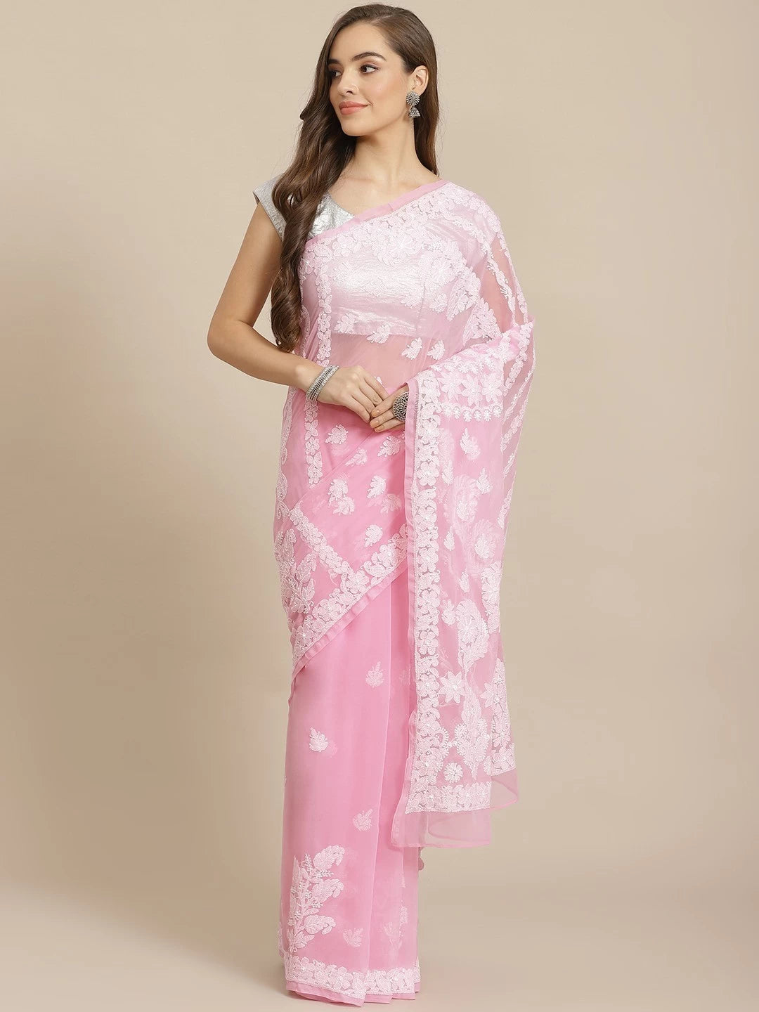 Ada Hand Embroidered Pink Georgette Lucknow Chikankari Saree with Blouse A311289